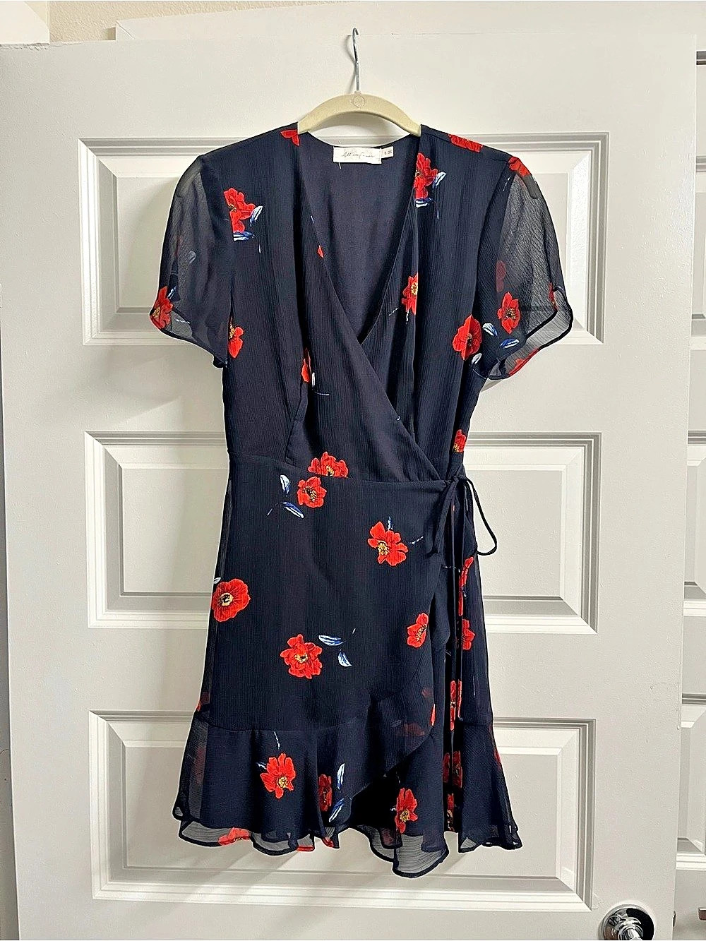 All in Favor Floral Wrap Dress - Dark Navy & Red - Size Small